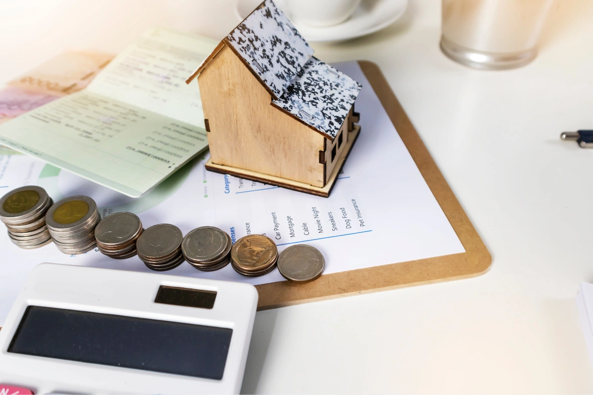 Home budgeting for mortgage with wooden house model, stacked coins and calculator on financial documents.
